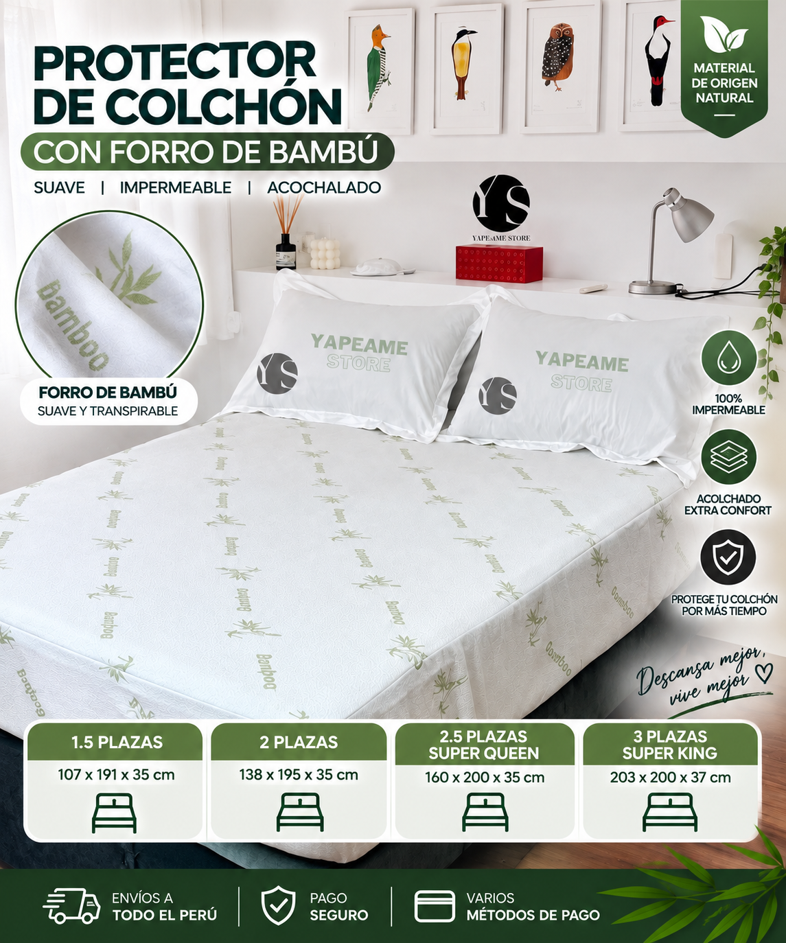 PROTECTOR DE COLCHÓN PREMIUM 2 PLAZAS ACOLCHADO IMPERMEABLE CON FORRO DE BAMBÚ