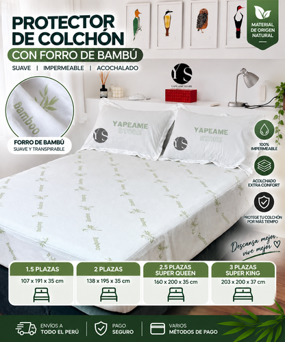 PROTECTOR DE COLCHÓN PREMIUM 2 PLAZAS ACOLCHADO IMPERMEABLE CON FORRO DE BAMBÚ