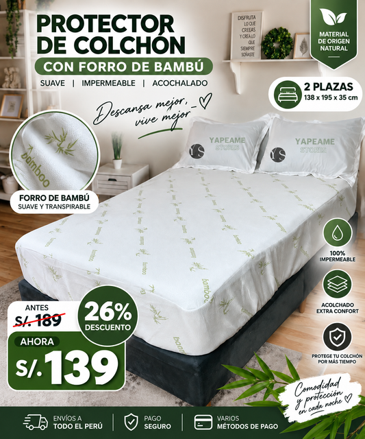 PROTECTOR DE COLCHÓN PREMIUM 2 PLAZAS ACOLCHADO IMPERMEABLE CON FORRO DE BAMBÚ