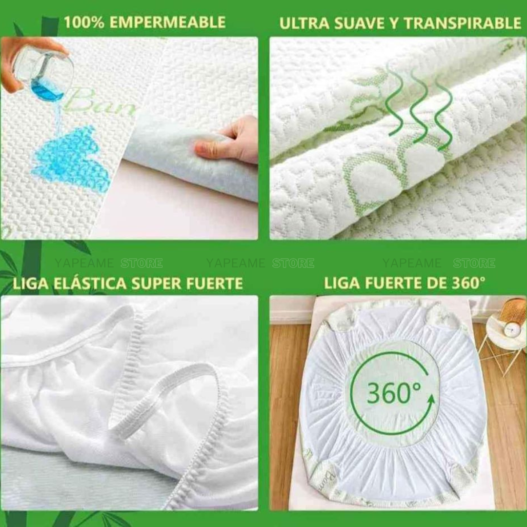 PROTECTOR DE COLCHÓN PREMIUM 2 PLAZAS ACOLCHADO IMPERMEABLE CON FORRO DE BAMBÚ