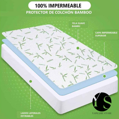 PROTECTOR DE COLCHÓN PREMIUM 2 PLAZAS ACOLCHADO IMPERMEABLE CON FORRO DE BAMBÚ
